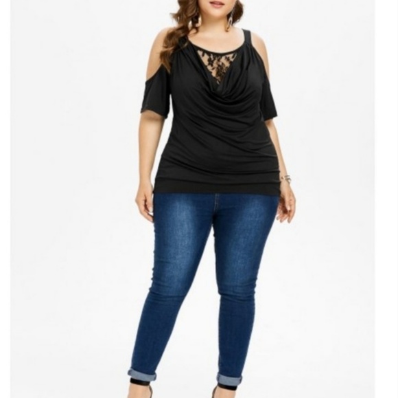 Cold Shoulder Blouse Draped Lace V Neck - Picture 3 of 8